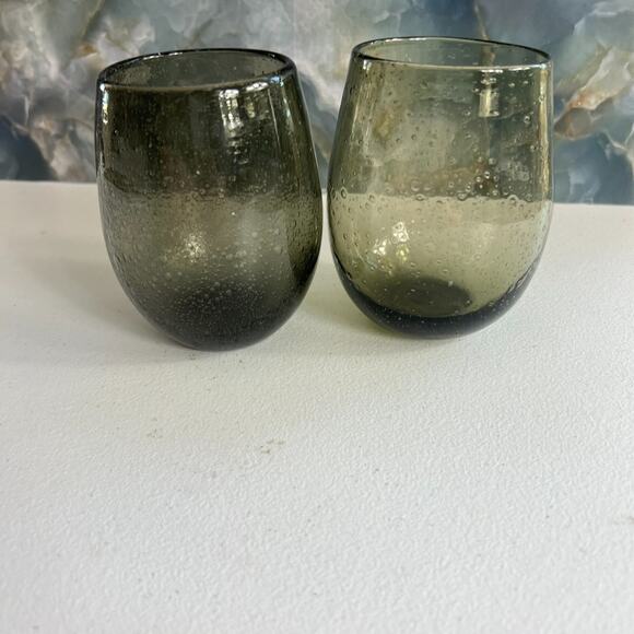 Green Smoke Bubble Glass Stemless Wine Artisan Glass Set of 2 - Picture 6 of 10